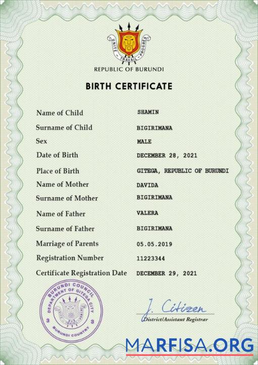 Printable Burundi vital record birth certificate PSD template